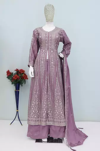 Onion color chinnon silk heavy embroidery work party wear long gown