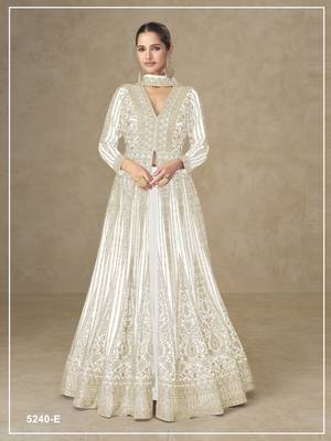 White color chinnon silk heavy embroidery work party wear long gown 1