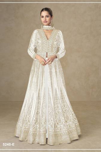 White color chinnon silk heavy embroidery work party wear long gown