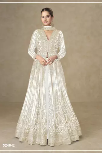 White color chinnon silk heavy embroidery work party wear long gown