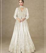 White color chinnon silk heavy embroidery work party wear long gown