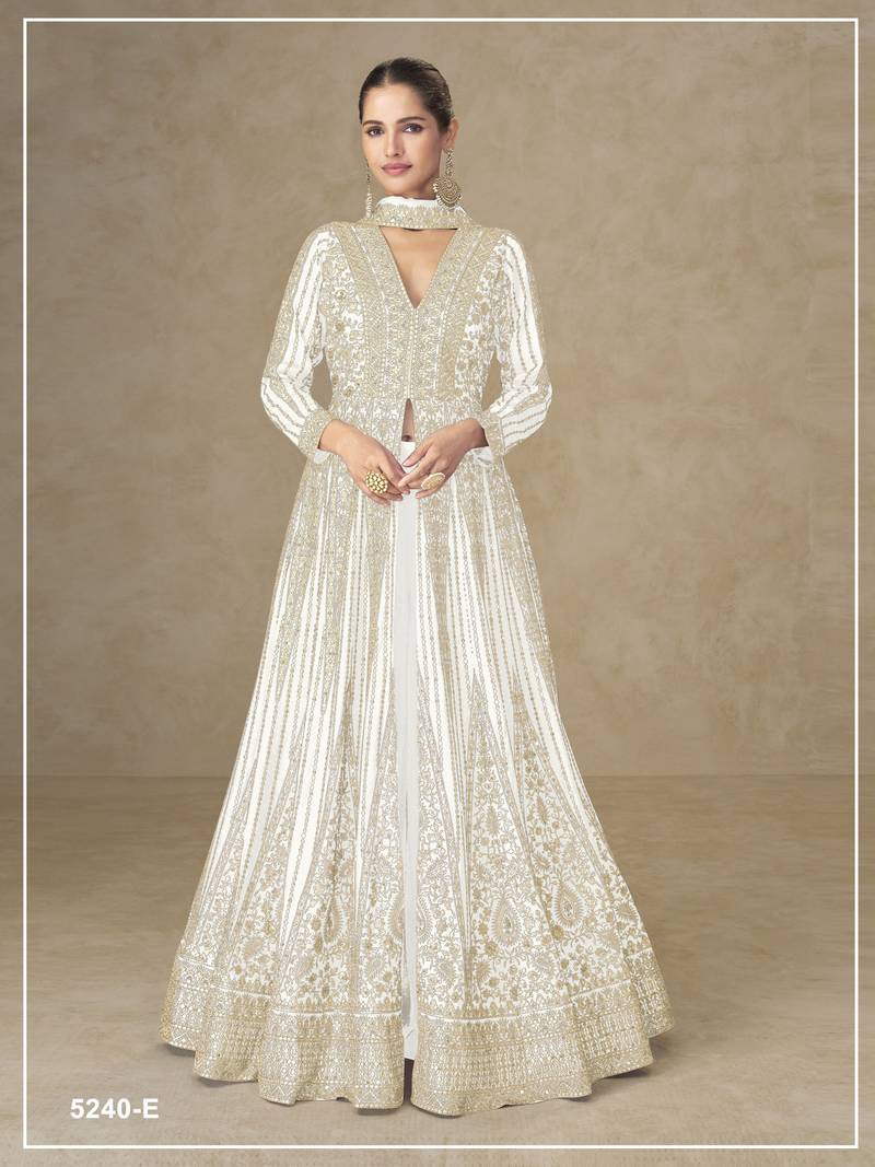 White color chinnon silk heavy embroidery work party wear long gown