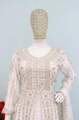 White color chinnon silk heavy embroidery work party wear long gown