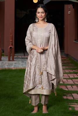 grey vichitra silk embroidered kurta sets 1
