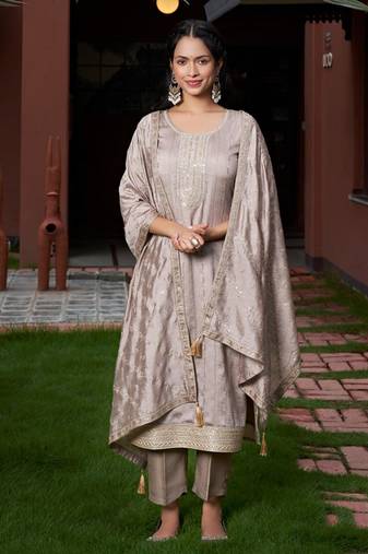 grey vichitra silk embroidered kurta sets