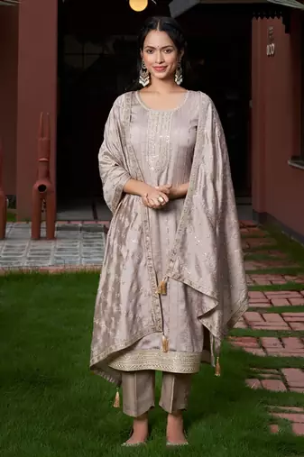 grey vichitra silk embroidered kurta sets