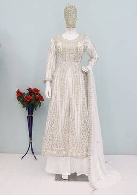 White color chinnon silk heavy embroidery work party wear long gown 3
