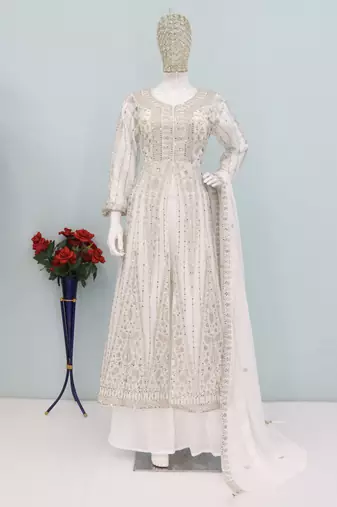 White color chinnon silk heavy embroidery work party wear long gown