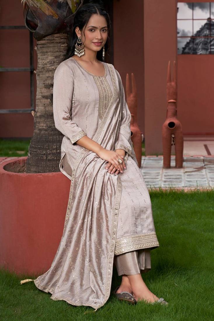 grey vichitra silk embroidered kurta sets