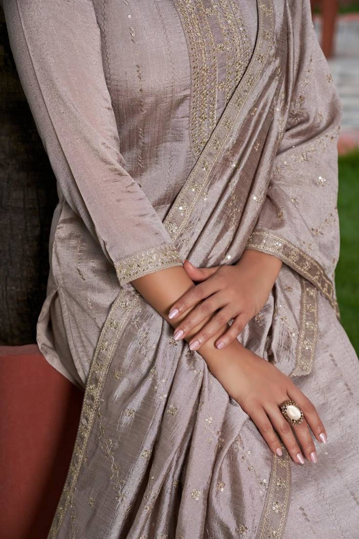 grey vichitra silk embroidered kurta sets