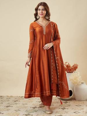 rust vichitra silk embroidered kurta sets 1
