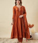 rust vichitra silk embroidered kurta sets
