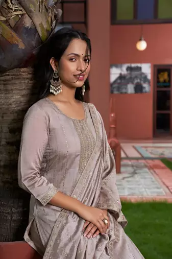grey vichitra silk embroidered kurta sets