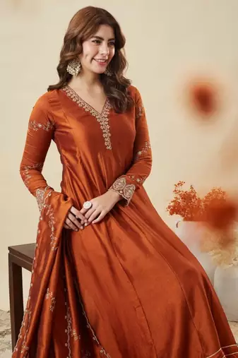 rust vichitra silk embroidered kurta sets