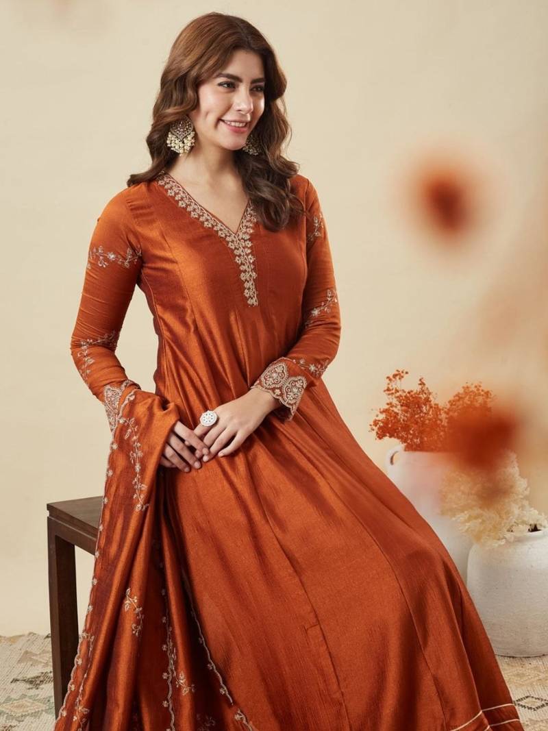 rust vichitra silk embroidered kurta sets