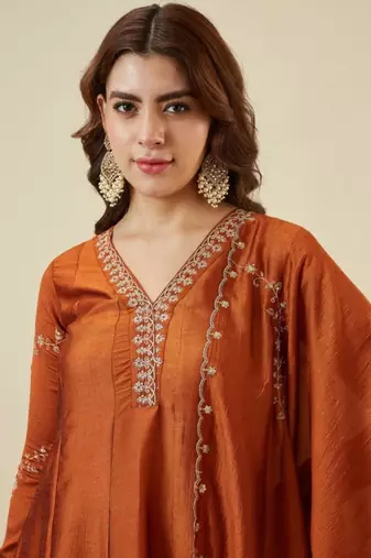 rust vichitra silk embroidered kurta sets