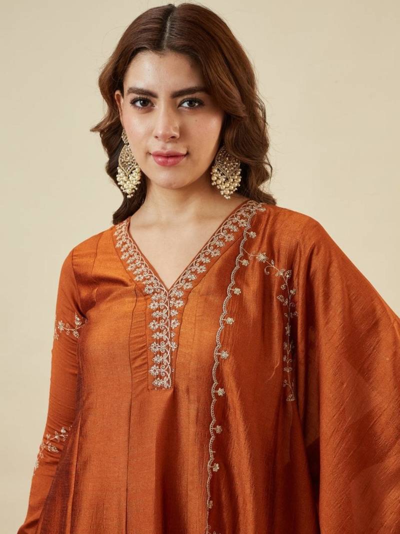 rust vichitra silk embroidered kurta sets
