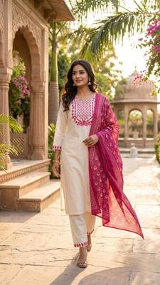 cream cotton blend embroidered kurta sets 1