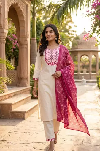 cream cotton blend embroidered kurta sets