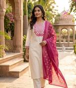 cream cotton blend embroidered kurta sets