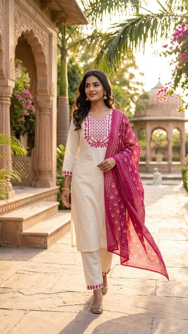 cream cotton blend embroidered kurta sets