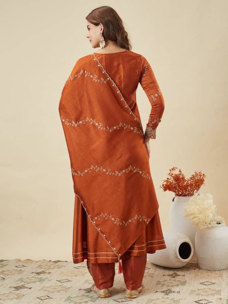 rust vichitra silk embroidered kurta sets