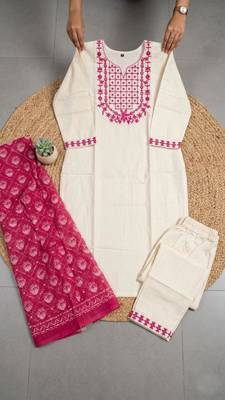 cream cotton blend embroidered kurta sets 2