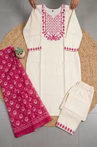 cream cotton blend embroidered kurta sets