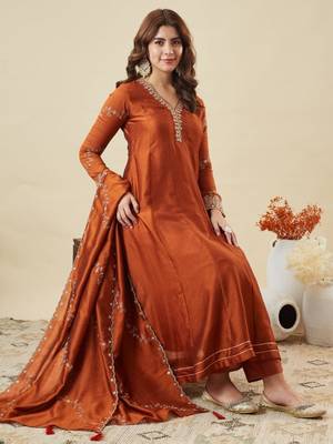 rust vichitra silk embroidered kurta sets 5