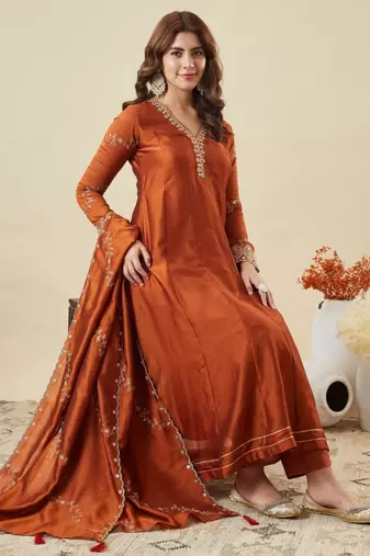 rust vichitra silk embroidered kurta sets