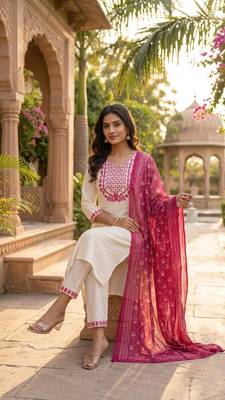 cream cotton blend embroidered kurta sets 3