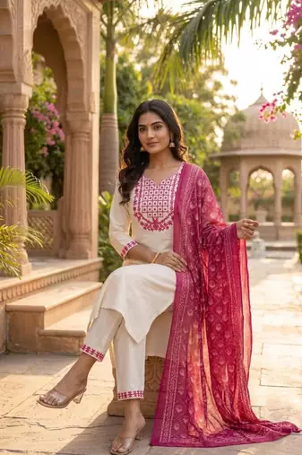 cream cotton blend embroidered kurta sets