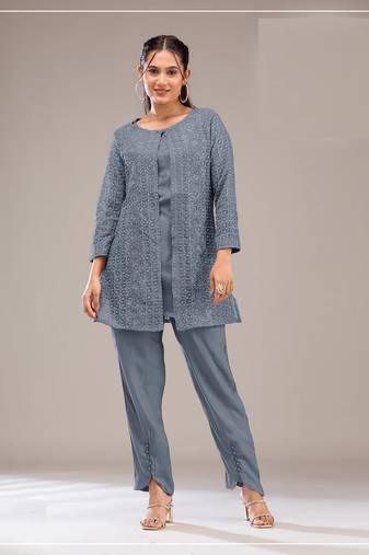 Grey color faux georgette party wear designer co ord set