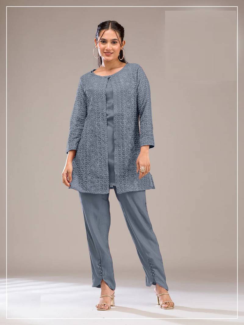 Grey color faux georgette party wear designer co ord set