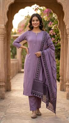 purple cotton blend embroidered kurta sets 1