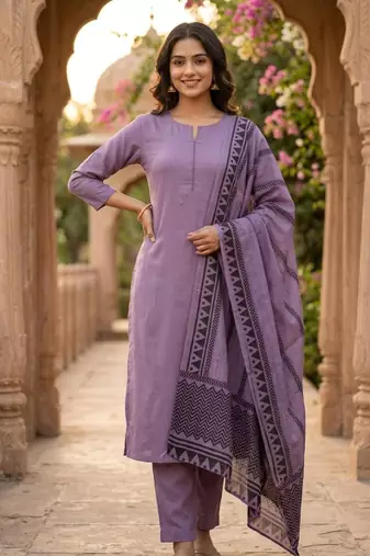 purple cotton blend embroidered kurta sets