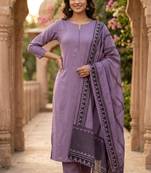 purple cotton blend embroidered kurta sets