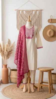 cream cotton blend embroidered kurta sets 4