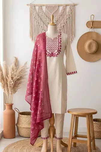 cream cotton blend embroidered kurta sets