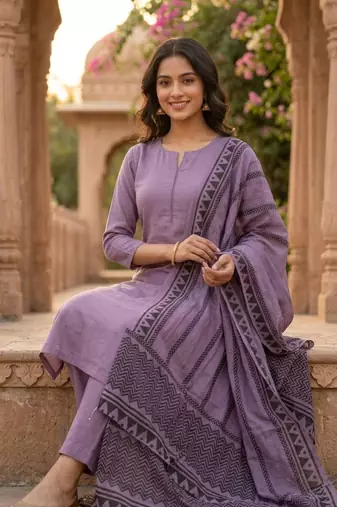purple cotton blend embroidered kurta sets