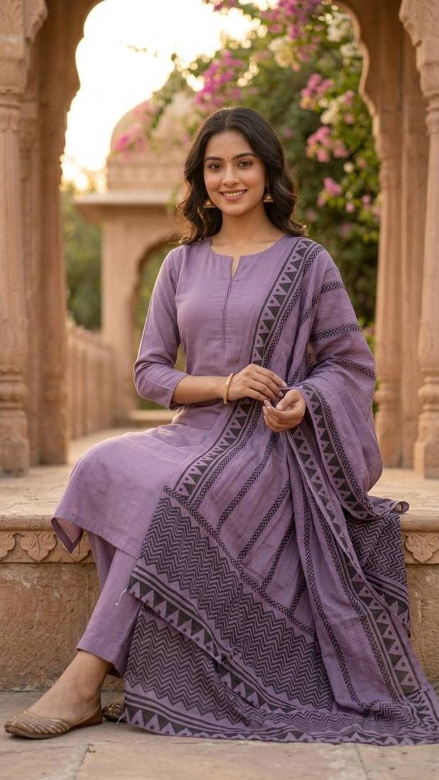 purple cotton blend embroidered kurta sets
