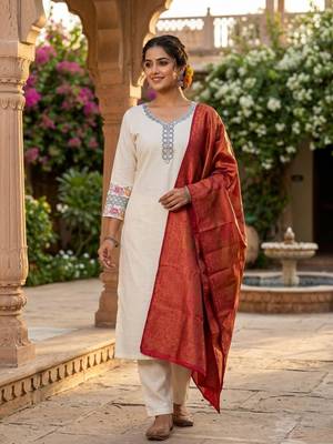 cream cotton blend embroidered kurta sets 1