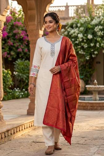 cream cotton blend embroidered kurta sets