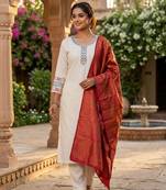 cream cotton blend embroidered kurta sets