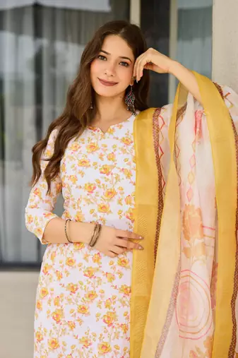 white silk blend printed kurta sets