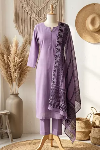 purple cotton blend embroidered kurta sets