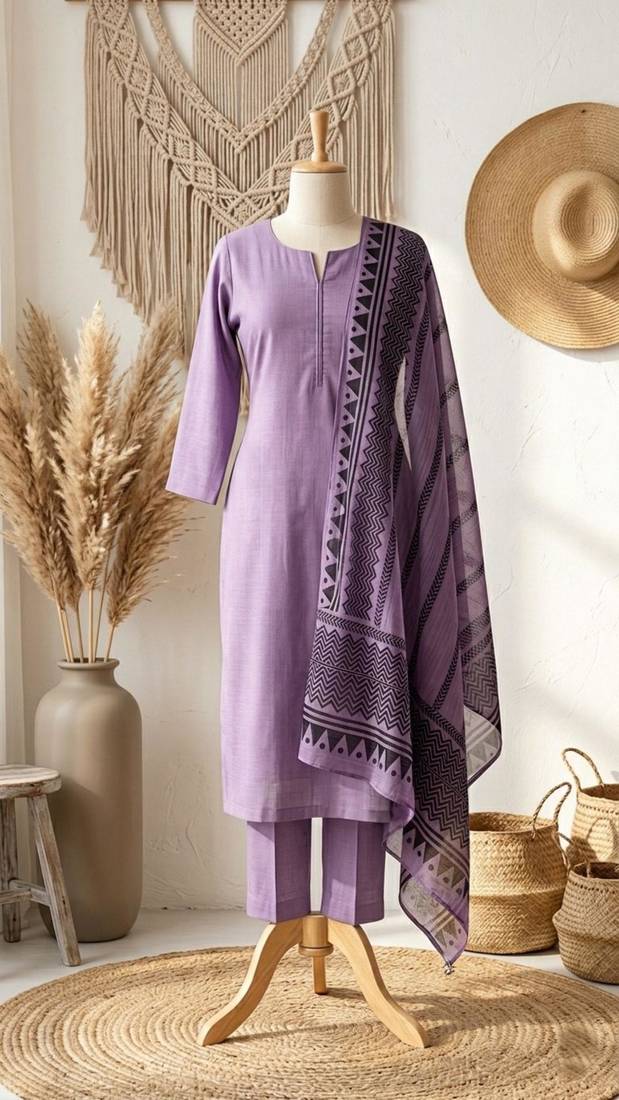 purple cotton blend embroidered kurta sets
