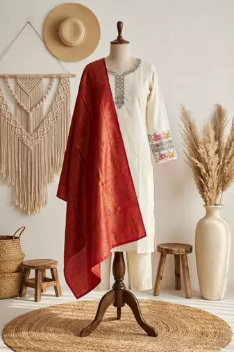 cream cotton blend embroidered kurta sets