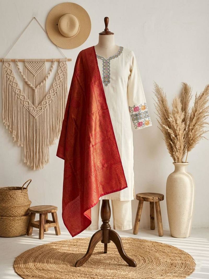 cream cotton blend embroidered kurta sets