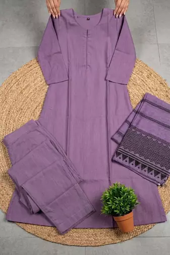 purple cotton blend embroidered kurta sets